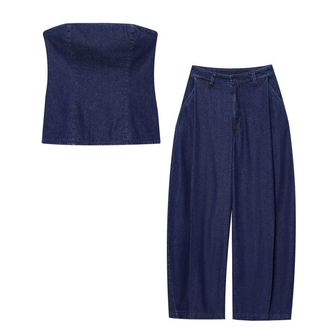 Denim Blue Color Strapless Back Zipper Fly Hot Sale Casual Fashion Jeans Crop tank Top for Women