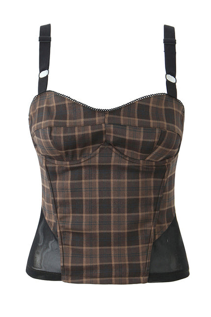 Brown Color Plaid Print Shoulder Strap Casual Fashion Women's Crop tank Top