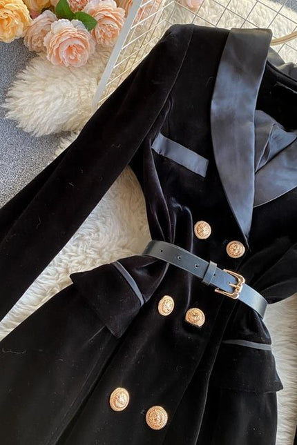 High Quality Fall Winter Black Elegant Women Double Breasted Velvet Long Blazer Dress for Ladies