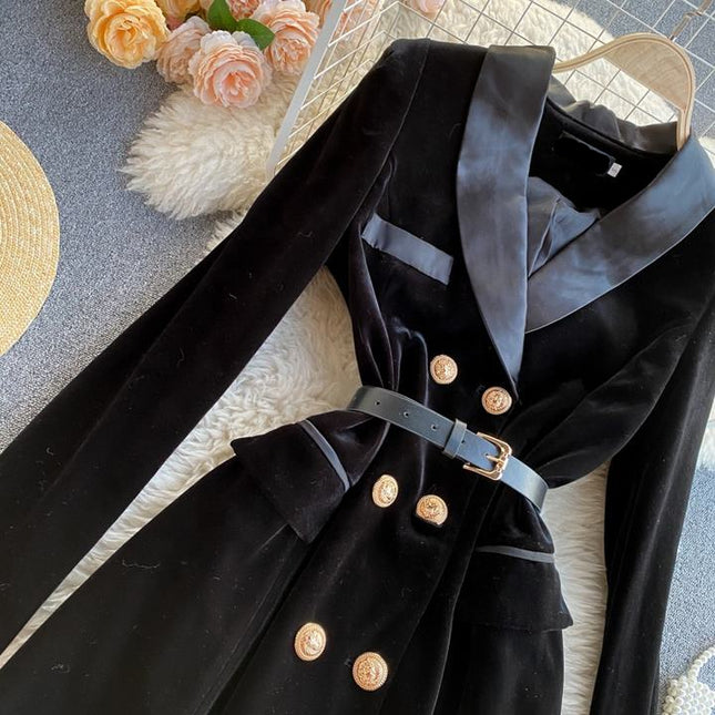 High Quality Fall Winter Black Elegant Women Double Breasted Velvet Long Blazer Dress for Ladies