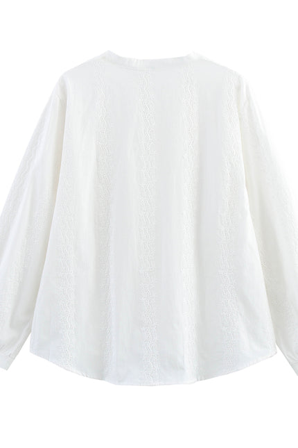 3 Colorway Embroidery Long Sleeve v Neck Buttons up Solid Color Casual Fashion Tops Blouse for Women