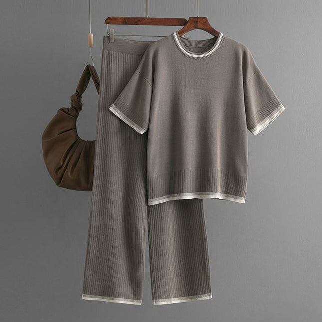 Fashion Women's Loose Sweater Top High Waist Thin Wide Leg Pants Two-piece Set Womens Cotton Knit Pant Sets