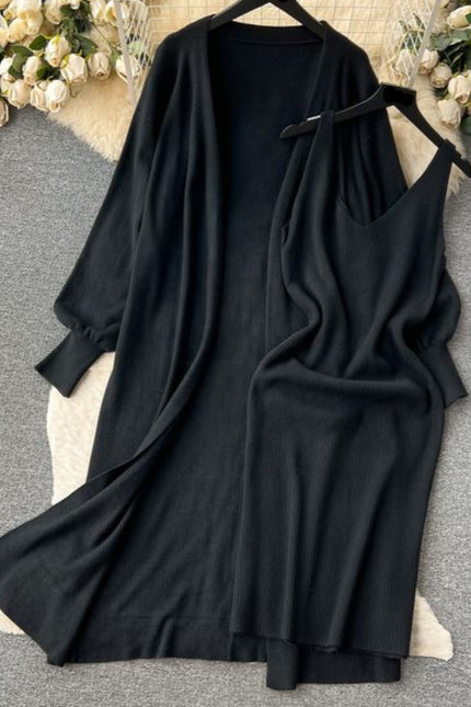 Yüksek dereceli düz renk örme moda seti kadın sonbahar v yaka Halters elbise gevşek ince uzun kollu üst