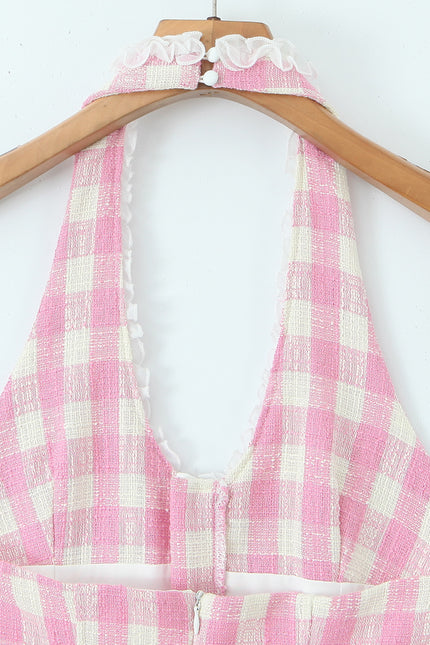Back Hollow Out pink Color Plaid Print Hot Sale Casual Fashion Summer Mini Halter Dress for Women