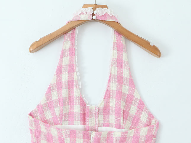 Back Hollow Out pink Color Plaid Print Hot Sale Casual Fashion Summer Mini Halter Dress for Women
