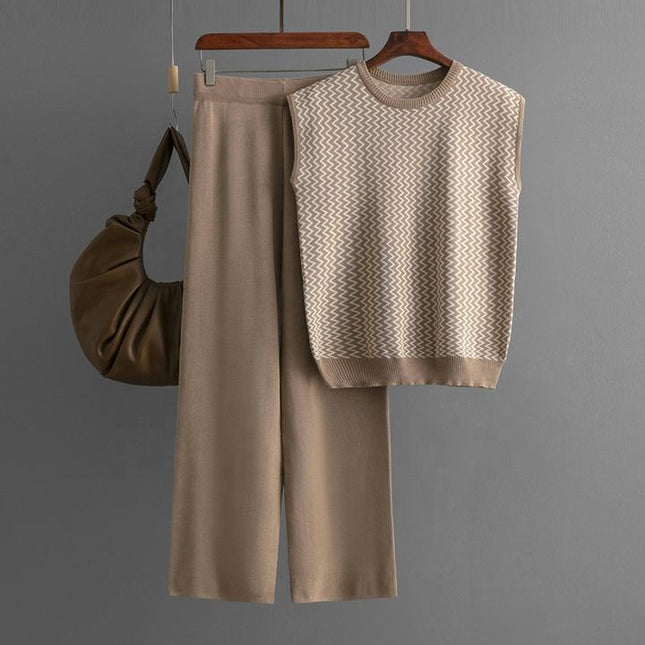 Summer New Simple Retro Loose Sleeveless Knitted Shoulder Top Wide Leg Pants Knitted Two Piece Set for Women