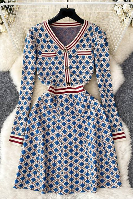 New Autumn and Winter Fashion Long Sleeve Plaid Knitted Casual Dress