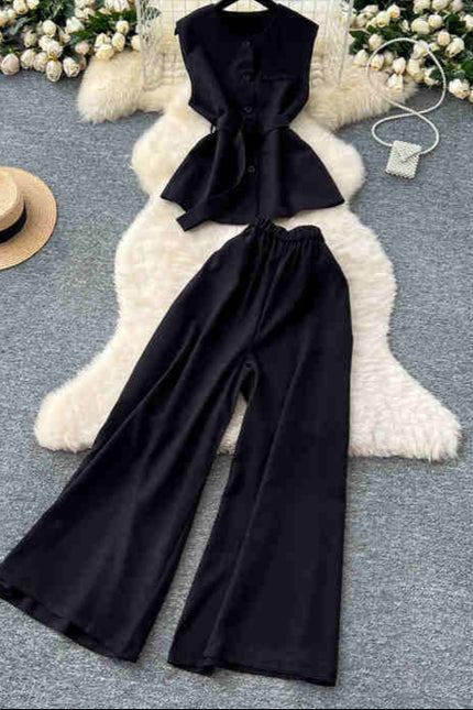Round Neck Sleeveless Vest Women High Waist Casual Wide Leg Pants Summer Two Piece Suit