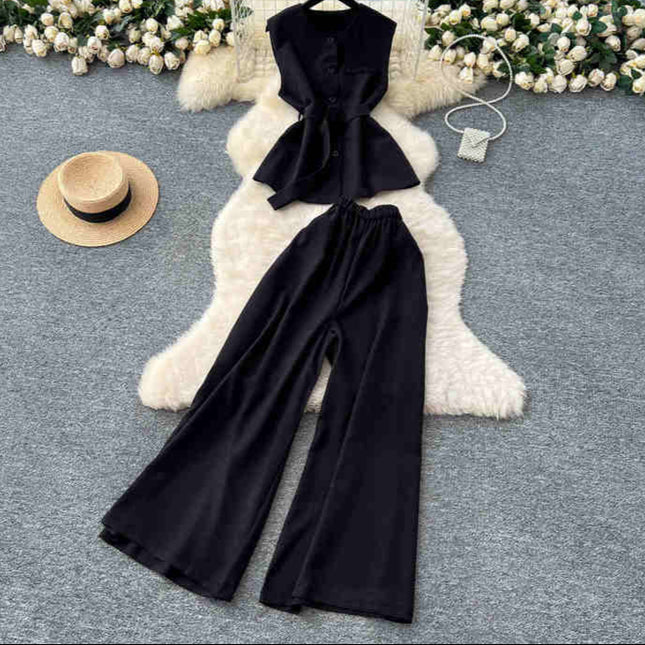 Round Neck Sleeveless Vest Women High Waist Casual Wide Leg Pants Summer Two Piece Suit
