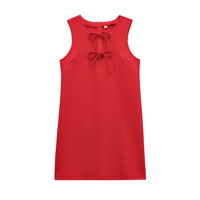 2 Colorway Solid Color Crew Neck Sleeveless Front Lace up Casual Fashion Summer Mini Dress for Women