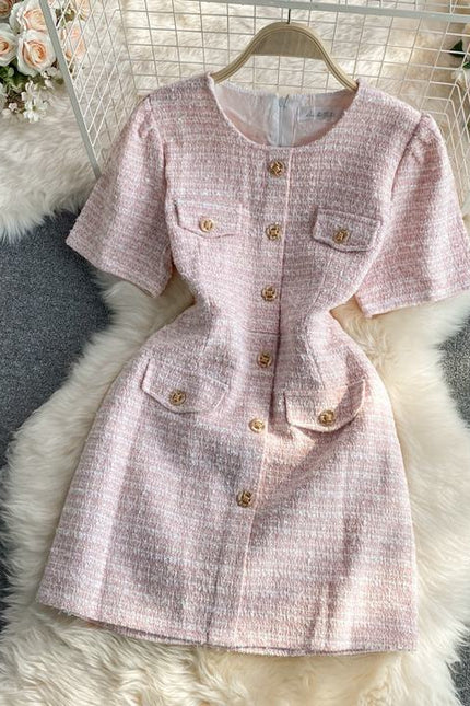 Summer Korean Version of the Round Neck Single-Breasted Elegant Short Sleeve Mini Dresses