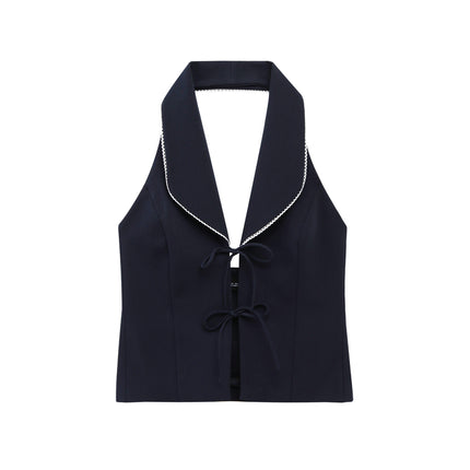 Front Lace up Navy Color Back Hollow Out Casual Fashion Women's Halter tank Top