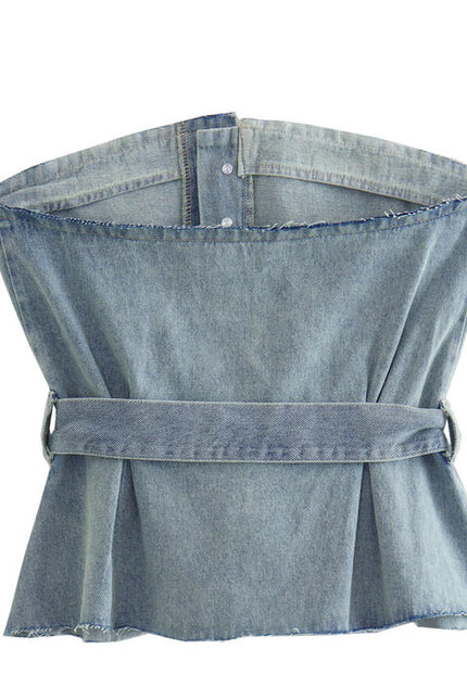 Denim Blue Color Strapless Sashes Casual Fashion Women's Jeans Crop tank Top