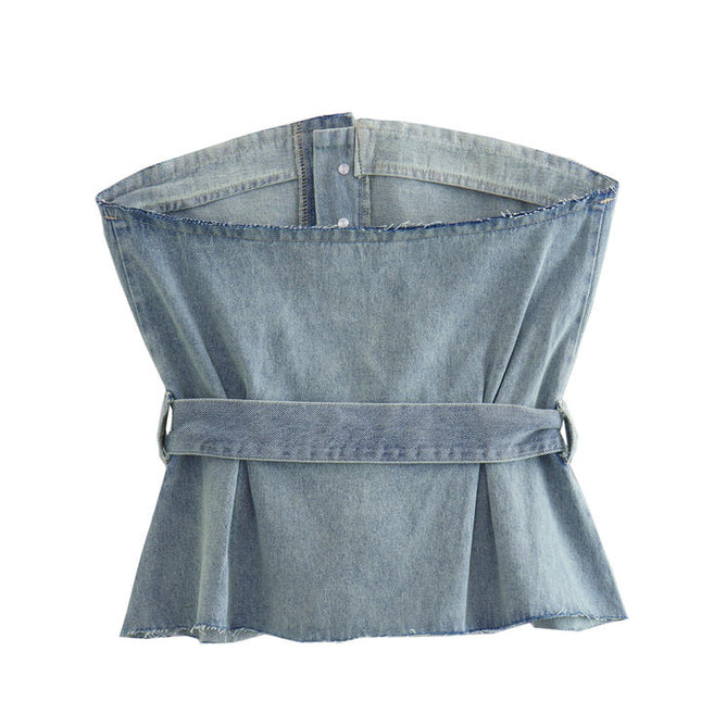 Denim Blue Color Strapless Sashes Casual Fashion Women's Jeans Crop tank Top