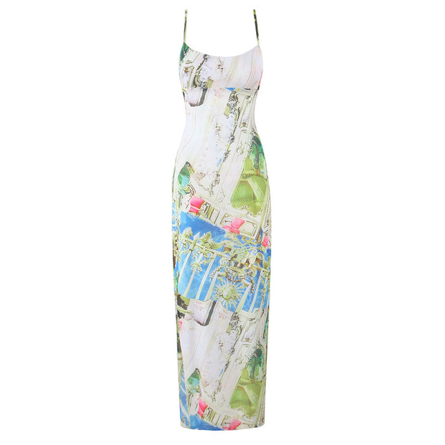 Spaghetti Strap Floral Print Multi Color Casual Fashion Summer Long slip Dress for Women