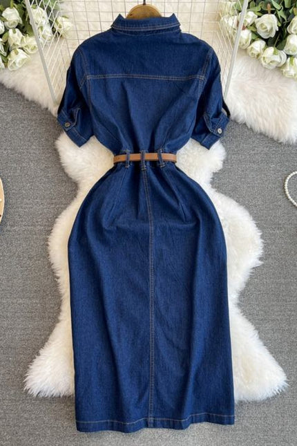 Retro Denim Dress for Women 2024 Summer New Collection Belt Slimming Short Sleeved Shirt Dress