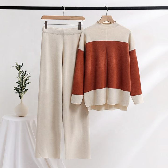 Women's Suit 2023 Autumn New Combination Contrast Knitted Top+pants Two Piece Set