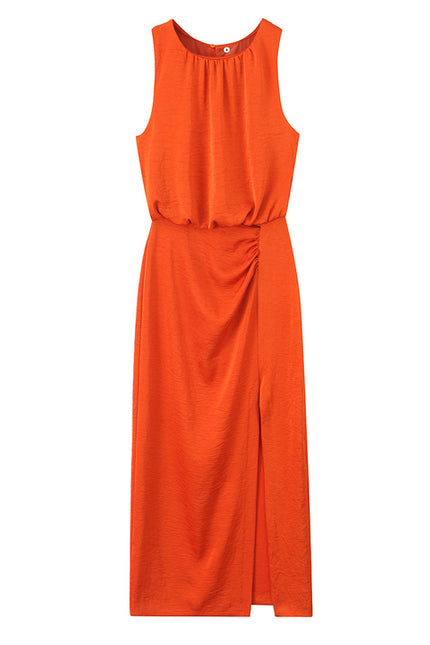 Front Slit Orange Color Sleeveless Casual Fashion Summer Long Dress for Women