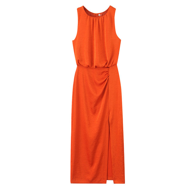 Front Slit Orange Color Sleeveless Casual Fashion Summer Long Dress for Women