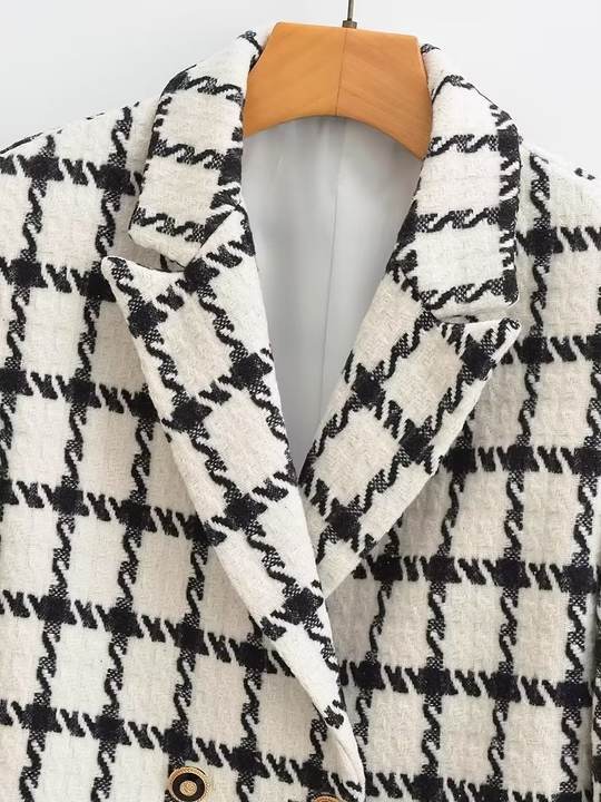 4 Colorway Solid Color Plaid Pattern Double Breasted Long Sleeve Casual Fashion blazer Jacket for Women