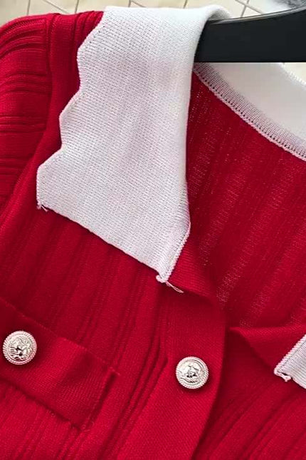 Vintage Collision Lapel Long Sleeve Slim Tight Vertical Knit Dress
