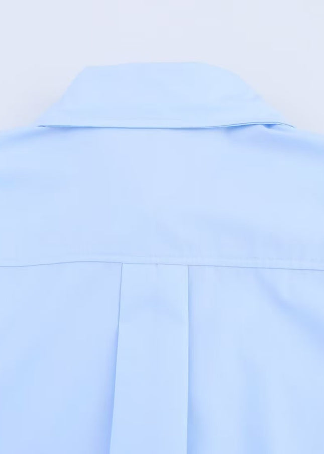 Turn Down Collar Long Sleeve Blue Color Bow Tie Casual Fashion Tops Blouse for Women