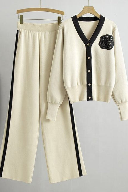2024 Autumn and Winter New Sweater Set V-neck Long-sleeved Cardigan Top Loose Wide-leg Pants Two-piece Set