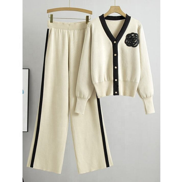 2024 Autumn and Winter New Sweater Set V-neck Long-sleeved Cardigan Top Loose Wide-leg Pants Two-piece Set