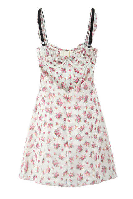 Floral Print pink White Color Front Bow Tie Casual Fashion Mini slip Dress for Ladies