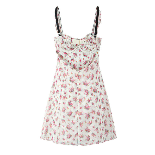 Floral Print pink White Color Front Bow Tie Casual Fashion Mini slip Dress for Ladies
