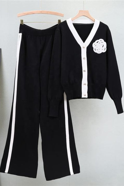 2024 Autumn and Winter New Sweater Set V-neck Long-sleeved Cardigan Top Loose Wide-leg Pants Two-piece Set