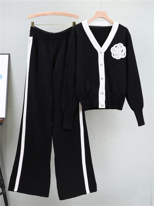 2024 Autumn and Winter New Sweater Set V-neck Long-sleeved Cardigan Top Loose Wide-leg Pants Two-piece Set