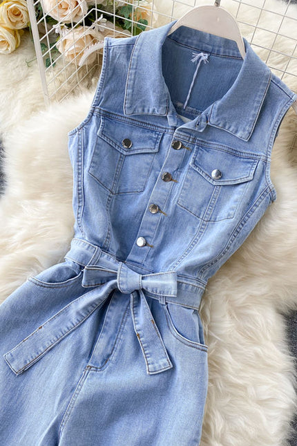 Retro Buckle Ties Waist Straight Wide Leg Pants Denim Jumpsuit