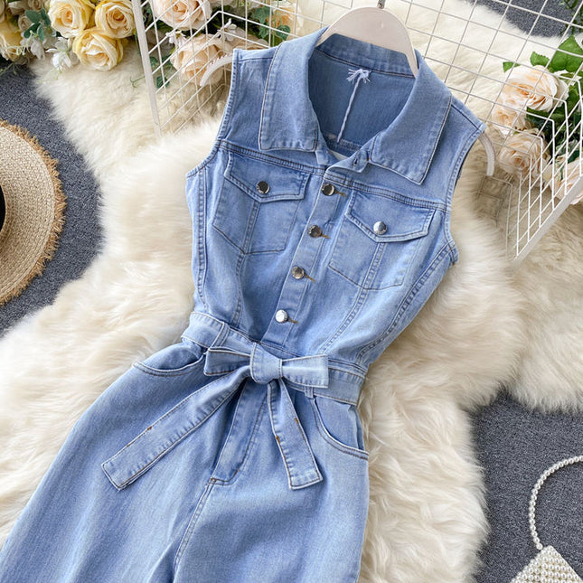 Retro Buckle Ties Waist Straight Wide Leg Pants Denim Jumpsuit