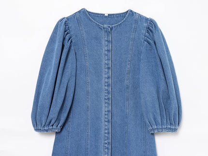 Crew Neck Long Sleeve Denim Blue Color Hot Sale Casual Fashion Long Jeans Dress for Women