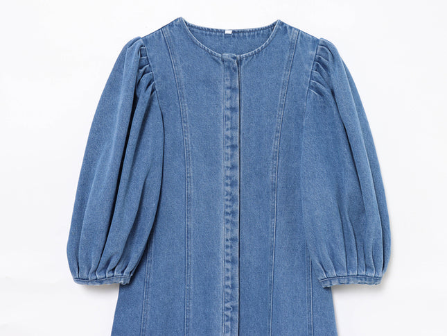 Crew Neck Long Sleeve Denim Blue Color Hot Sale Casual Fashion Long Jeans Dress for Women