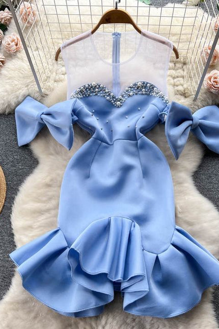 Women's Beads Bow Waist-tight First Love Sheath Fishtail Fairy Dress Female High Street Blue Dress