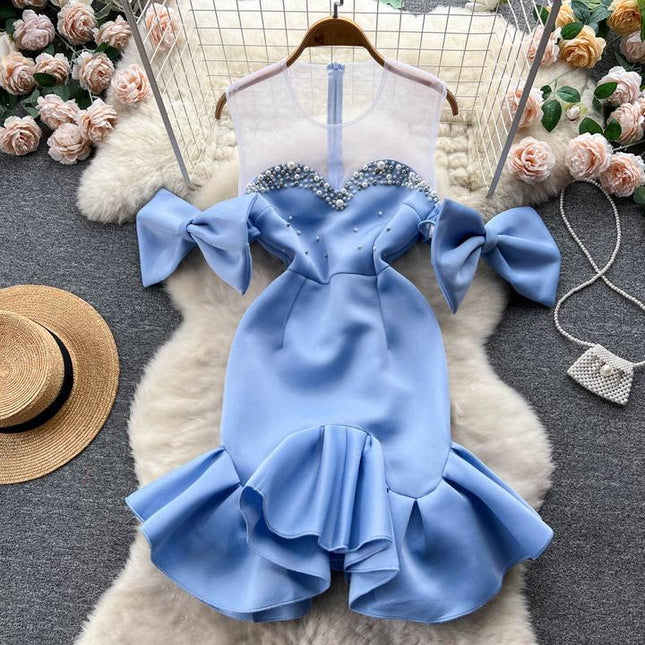 Women's Beads Bow Waist-tight First Love Sheath Fishtail Fairy Dress Female High Street Blue Dress