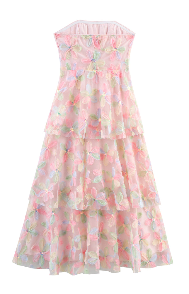 Strapless pink Color Floral Pattern Casual Fashion Long Dress for Women