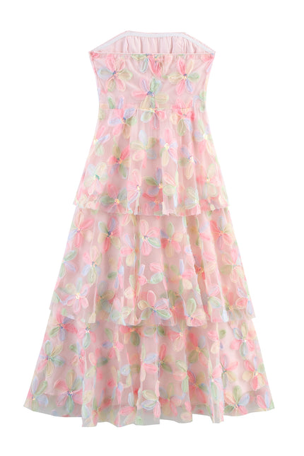 Strapless pink Color Floral Pattern Casual Fashion Long Dress for Women