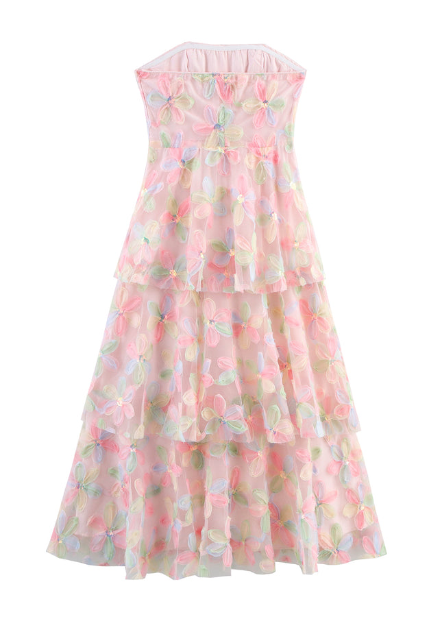 Strapless pink Color Floral Pattern Casual Fashion Long Dress for Women