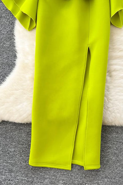 Women's Green V-Neck Ruffle Patchwork Flared Sleeve Split Party Dresses