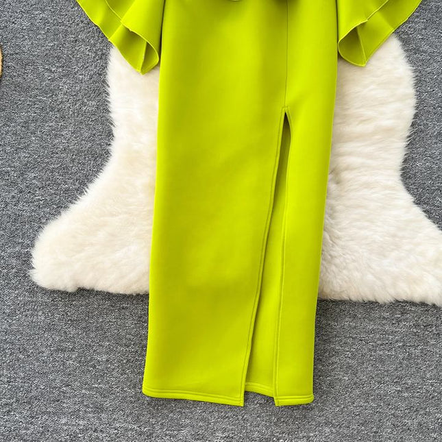 Women's Green V-Neck Ruffle Patchwork Flared Sleeve Split Party Dresses