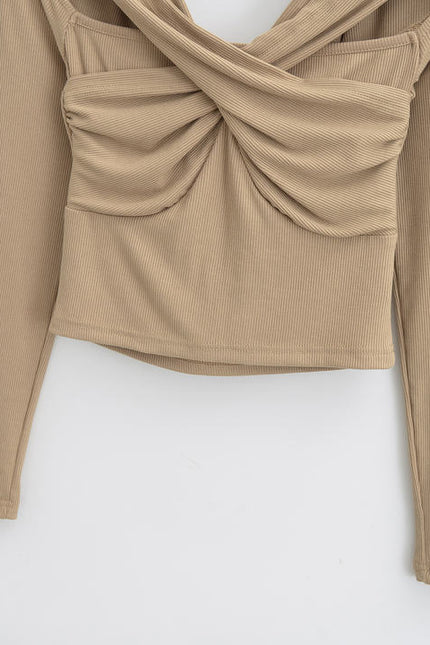 4 Colorway Solid Color Long Sleeve Hollow Out Casual Fashion Women Knit Crop t Shirt