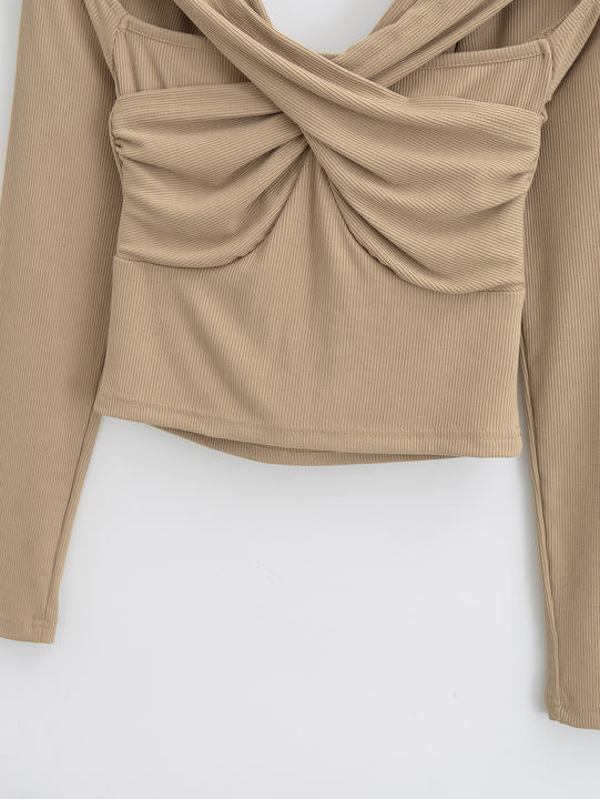 4 Colorway Solid Color Long Sleeve Hollow Out Casual Fashion Women Knit Crop t Shirt