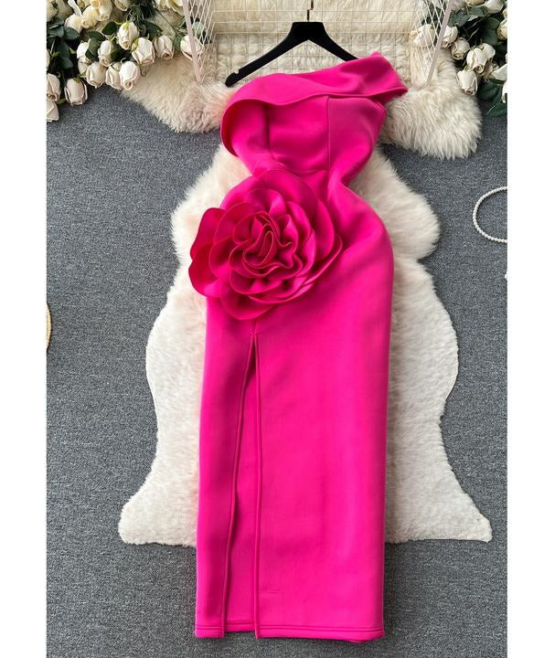 Solid Color Floral Decorate Waist Tube Dress Women's Midi Dresses