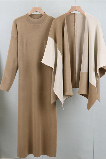Knit Set Autumn and Winter Clashing Shawl High Collar Knit Dress Two Pieces