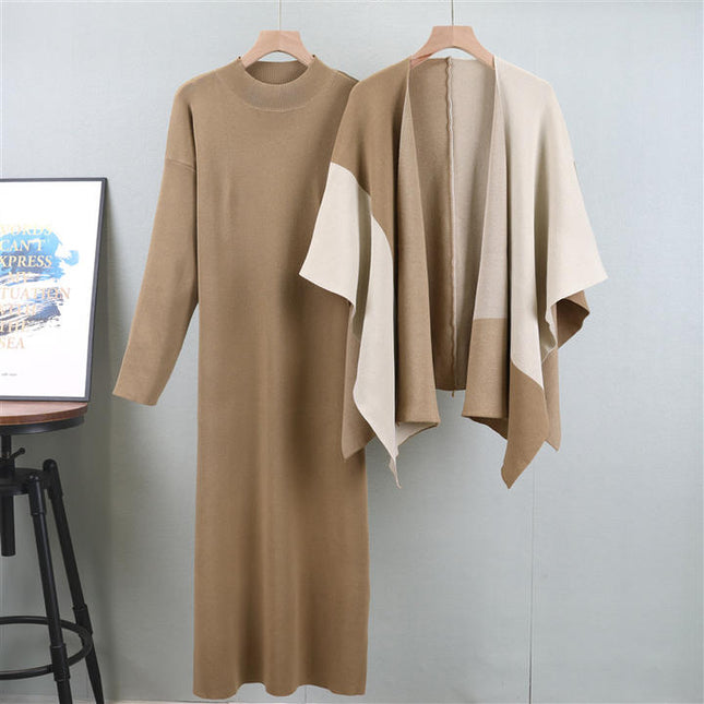Knit Set Autumn and Winter Clashing Shawl High Collar Knit Dress Two Pieces