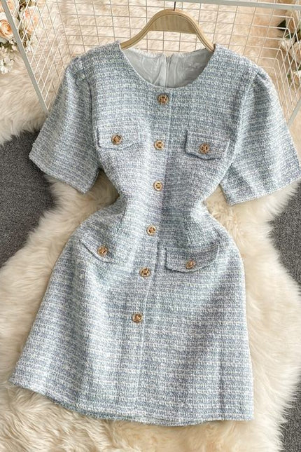 Summer Korean Version of the Round Neck Single-Breasted Elegant Short Sleeve Mini Dresses