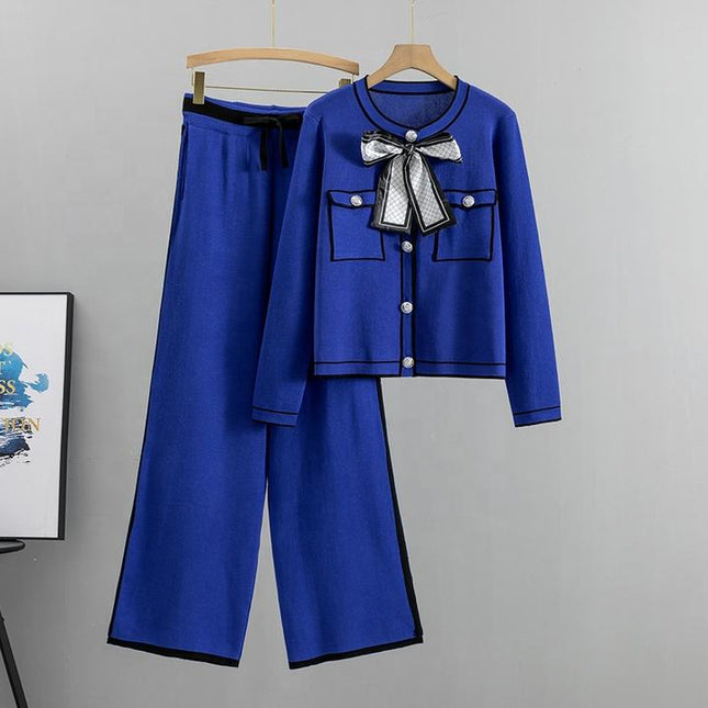 Fashion Professional Suit Women's Autumn Age-reducing Temperament Knitted Western Wide-leg Pants Two-piece Set